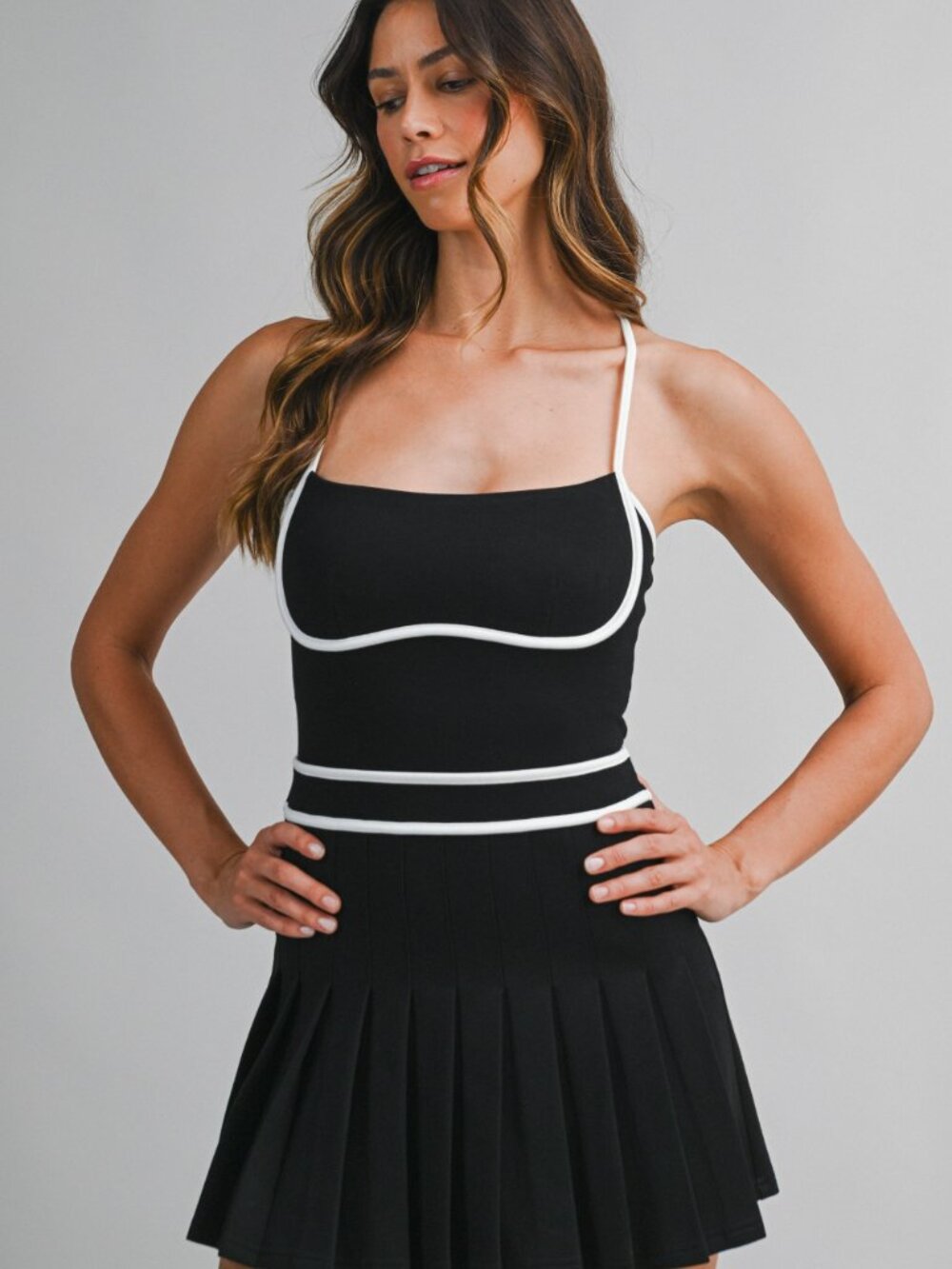 NWT Mable Scuba Black Pleated White Contrast Piping Mini Dress with Shorts